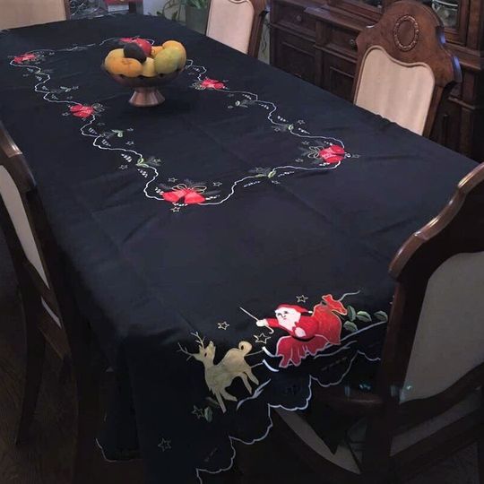 Christmas tablecloth 70" X108" Blue Christmas Embroidered Table Cloth Holiday Table Cloth Christmas Table Linen with 12 Napkins