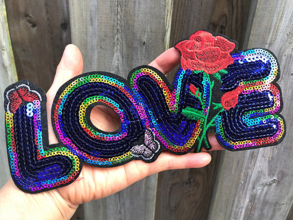 Large love iron on patch love applique love sequin patch love sequin iron  on patch rainbow love iron on patch love embroidered patch